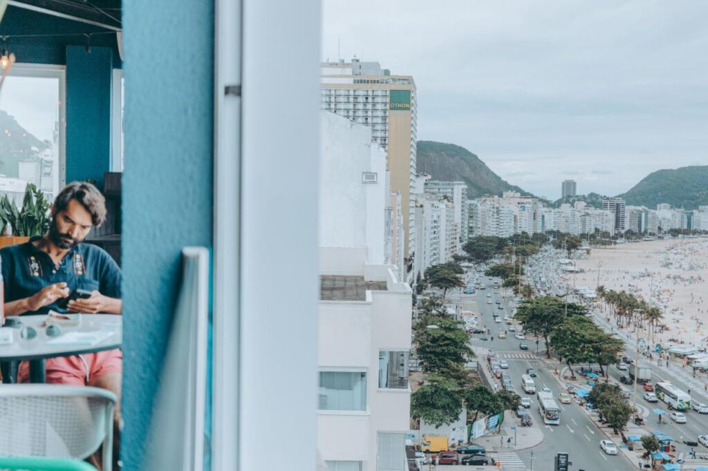 Aerial view of Copacabana Beach and Avenida Atlântica near The Grid